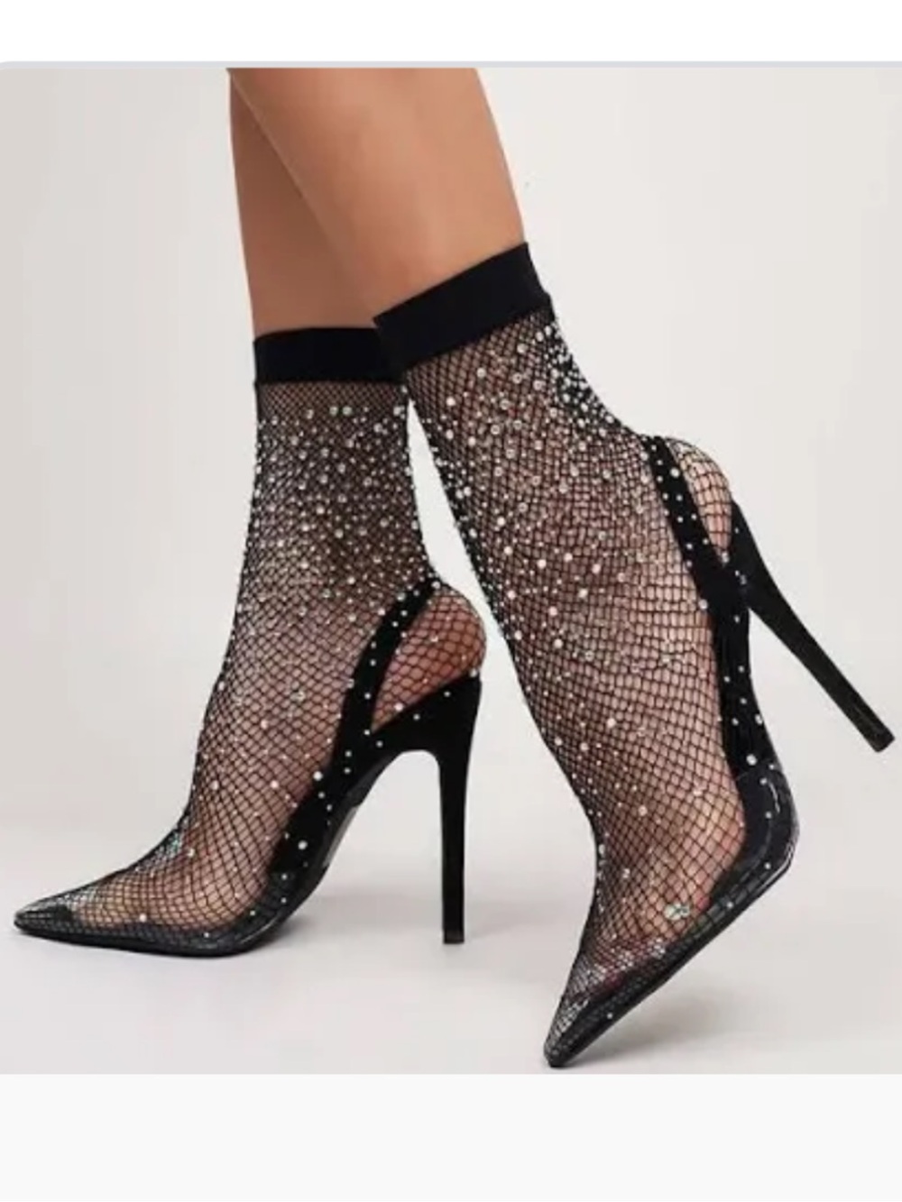 Fashion Nova Black Rhinestone Fishnet Ankle Sock Stiletto Pumps